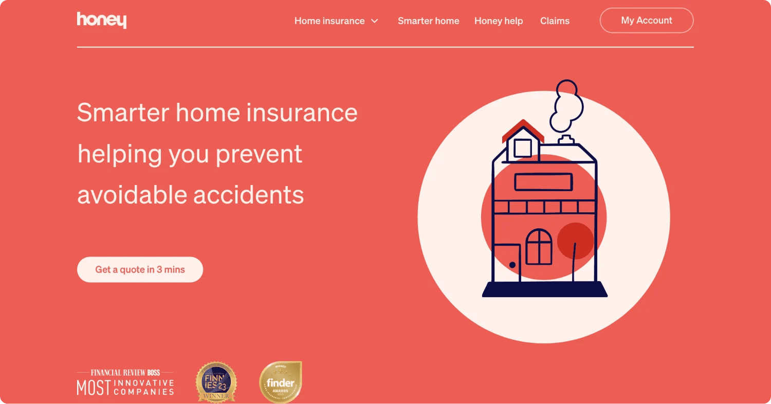 honey insurance Home insurance promotional image highlighting accident prevention, featuring a stylized house illustration and text.