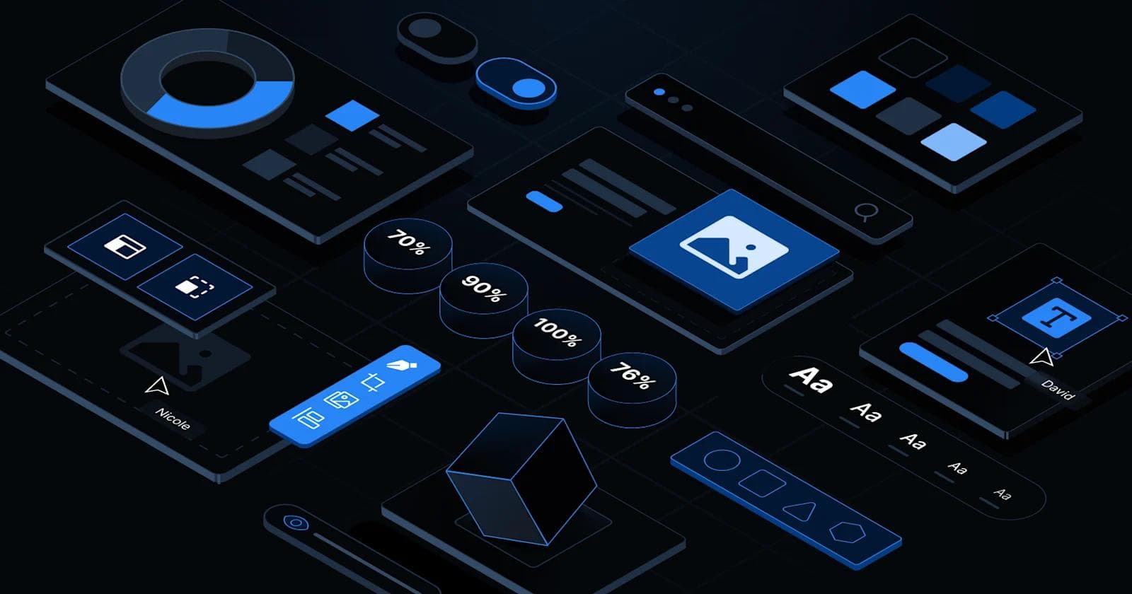 A collection of digital design elements in blue tones, including buttons, sliders, and graphical data displays.
