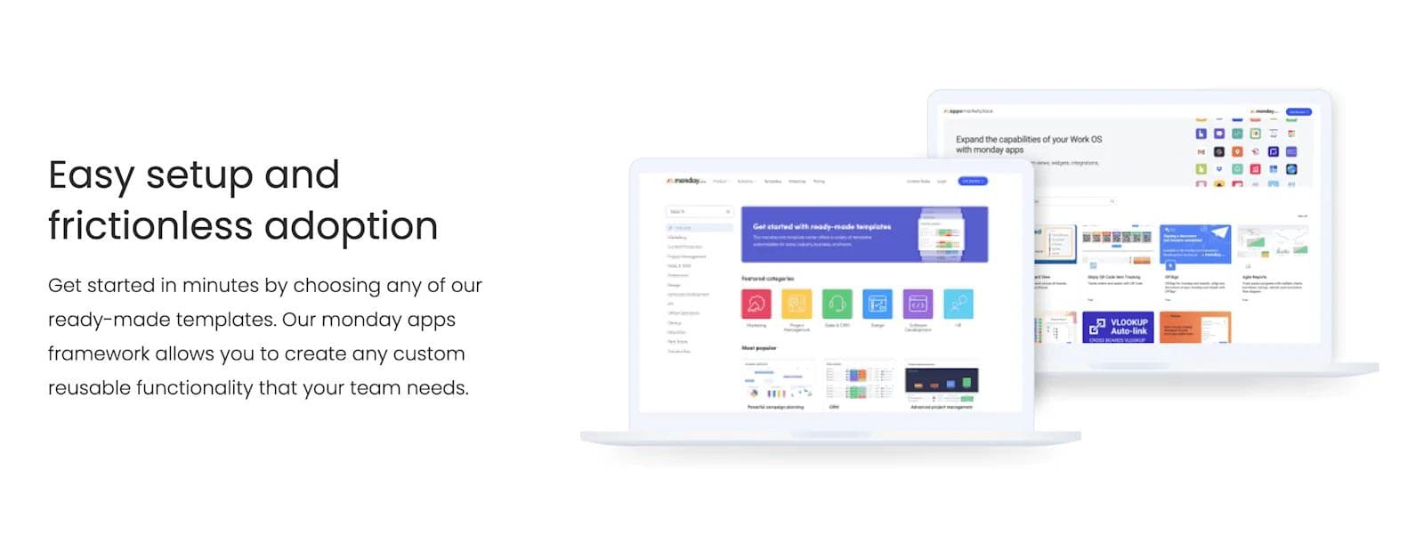monday-apps-illustration Two laptops display a software interface highlighting easy setup and ready-made templates for project management.