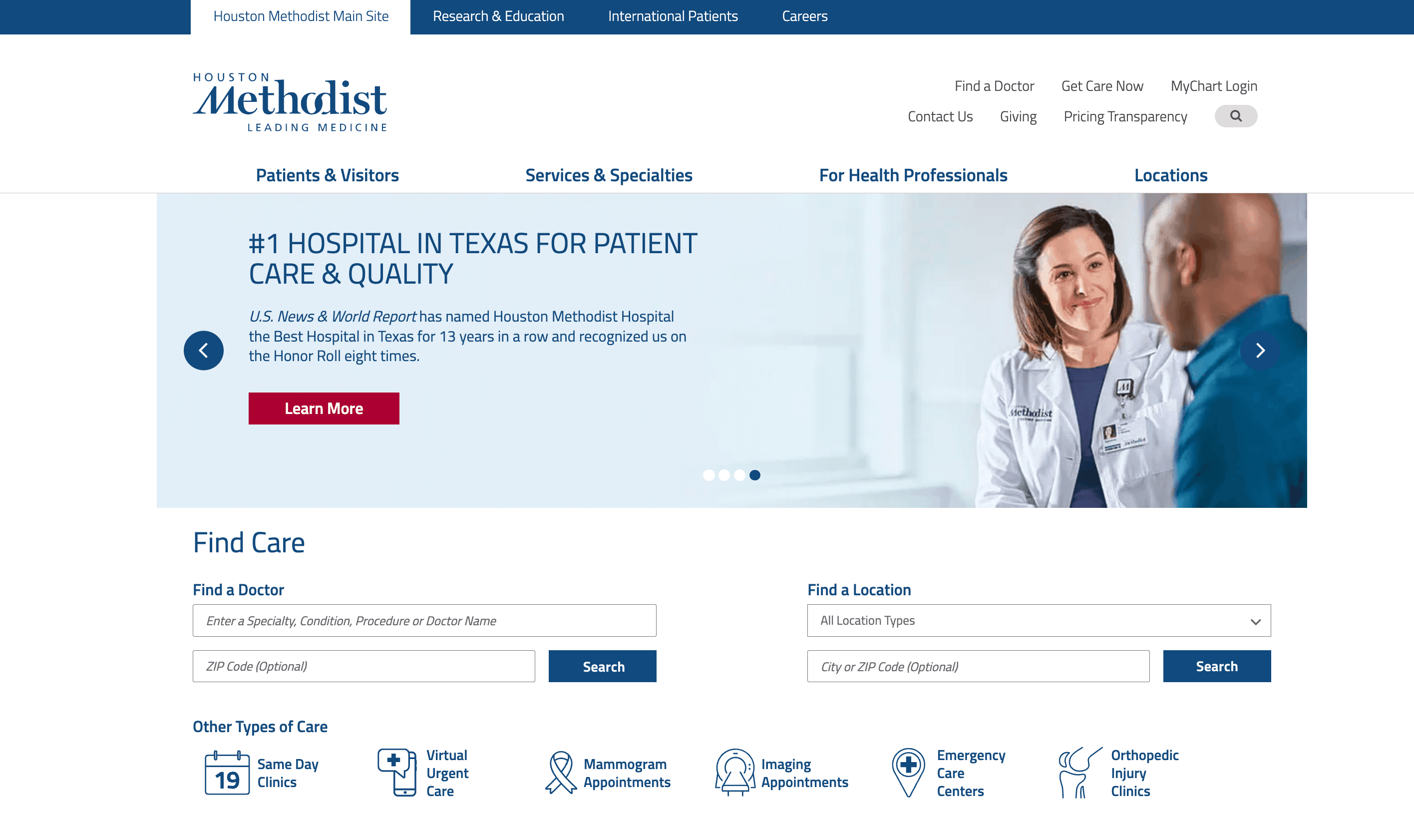 Homepage of Houston Methodist Hospital featuring a doctor-patient interaction and options to find care.