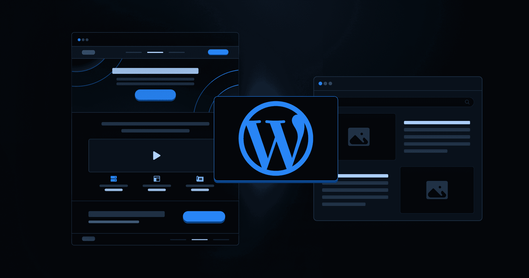 A digital illustration featuring the WordPress logo amid website design elements on a dark background.