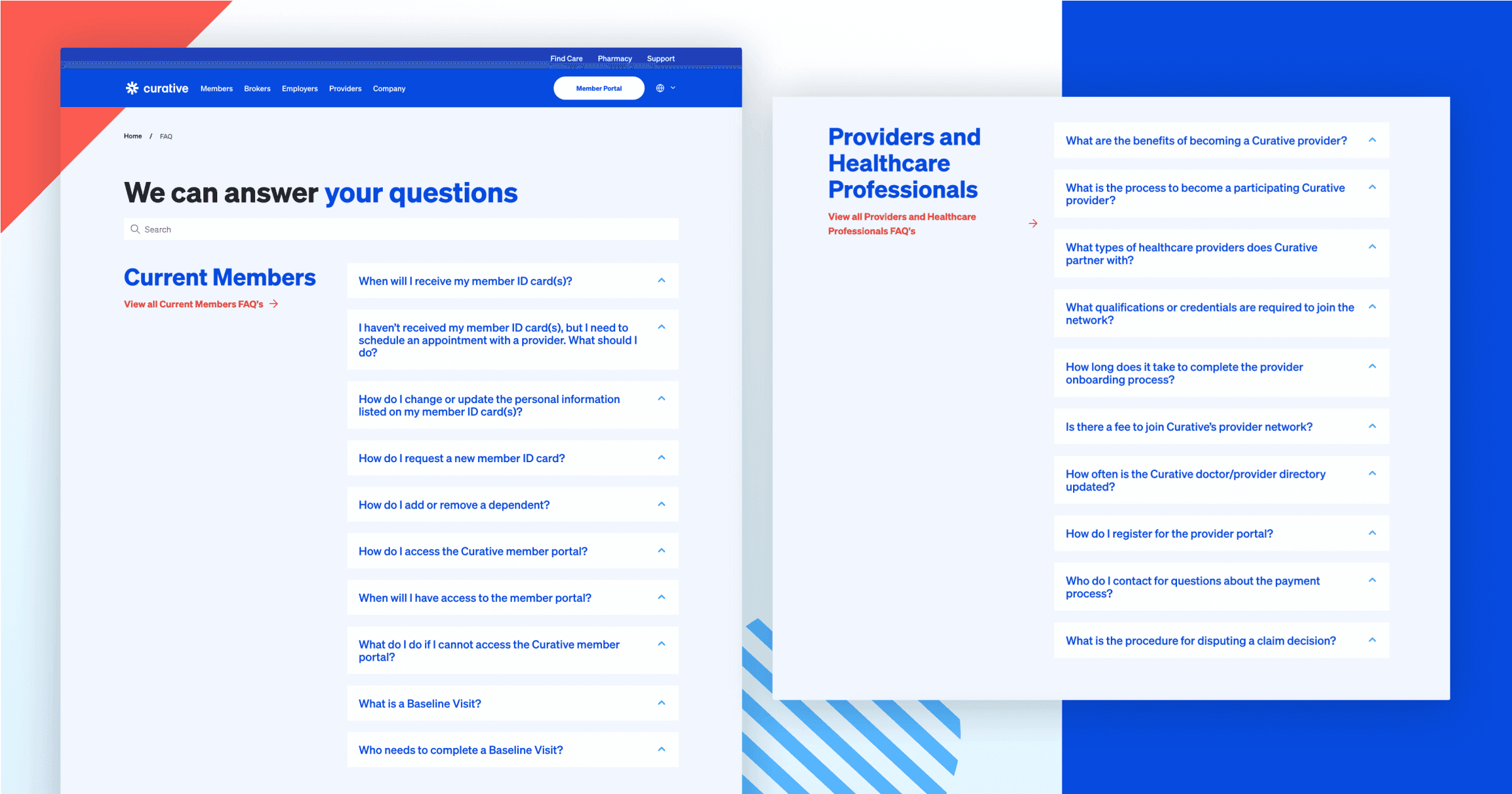 Curative FAQ page displaying questions for current members and healthcare providers, with a clean blue and white design.