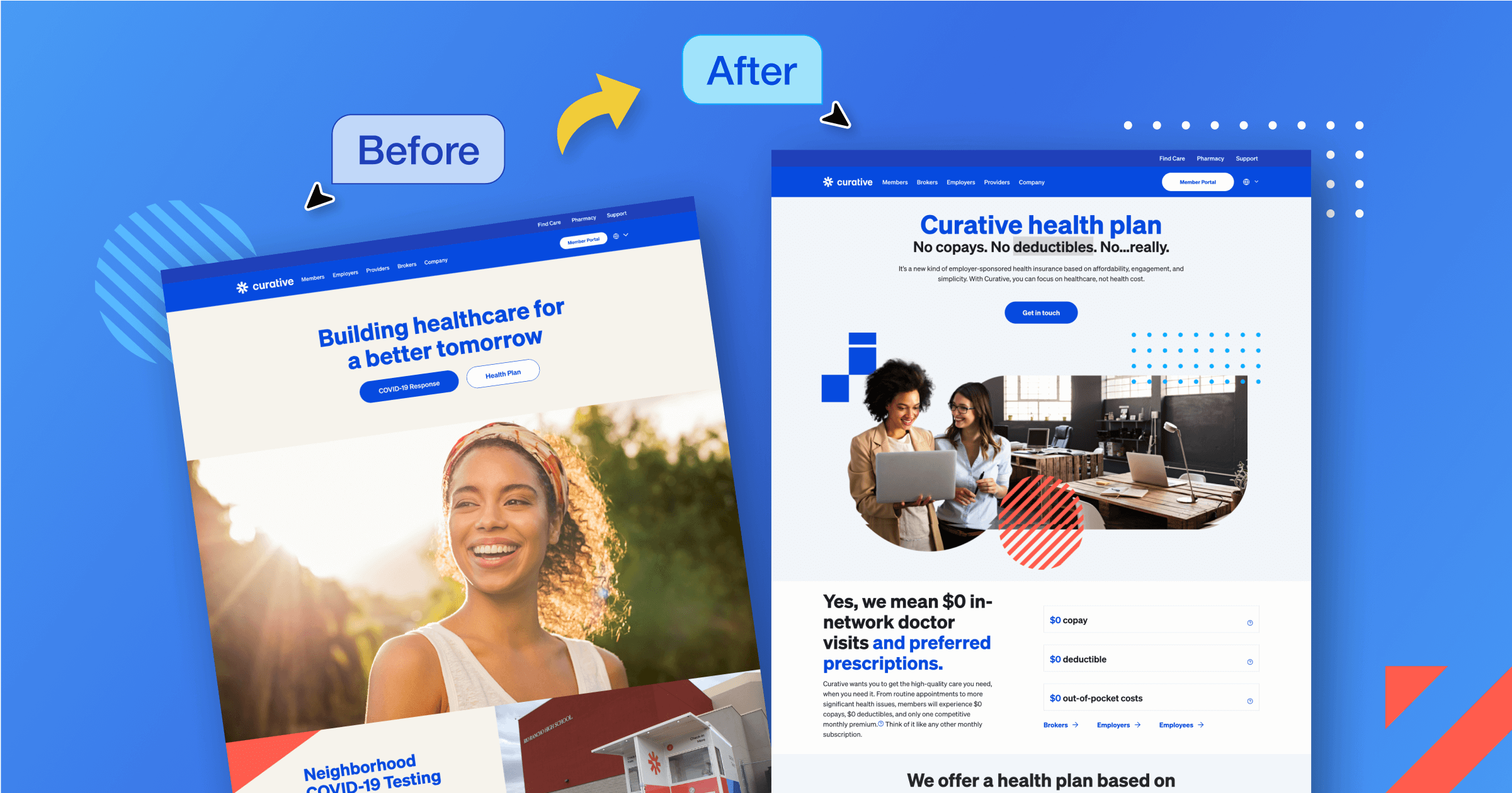 Before and after comparison of Curative's website design showcasing improved layout and health plan details.