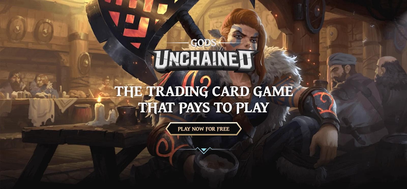 gods 1 Blockchain video game website design example from God's Unchained, a play-to-earn game built by the creators of Magic The Gathering.