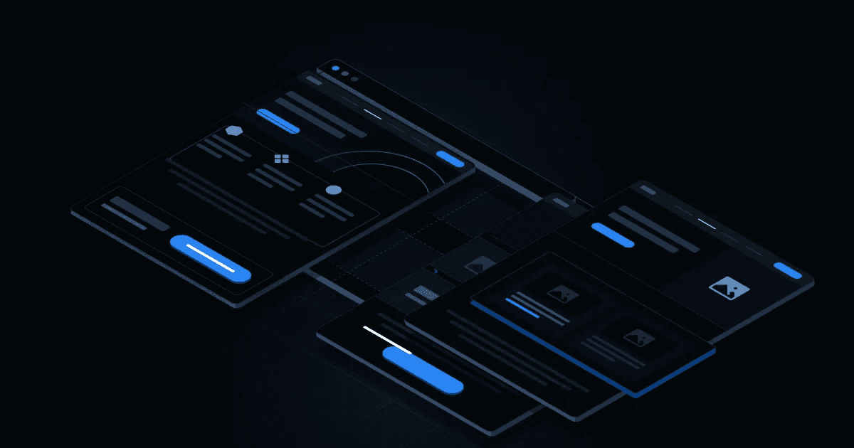 Three floating, dark-themed web design mockups with blue accents and various UI elements, set against a black background.