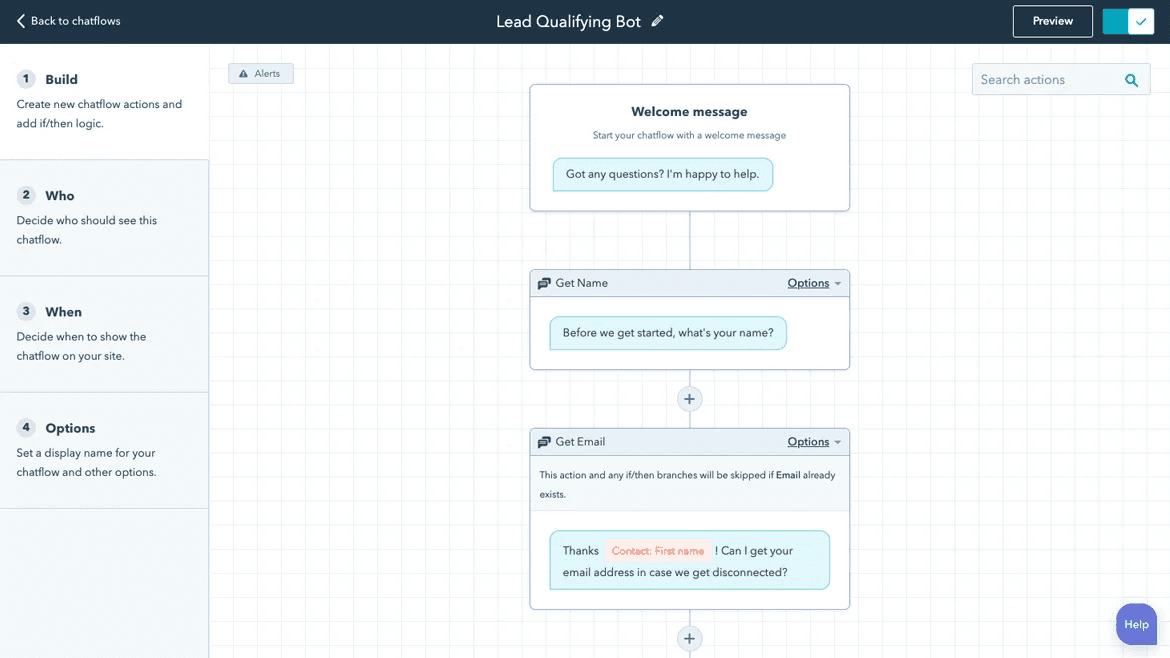 hubspot-chat-flows An image of the free chatbot chat flow user interface.
