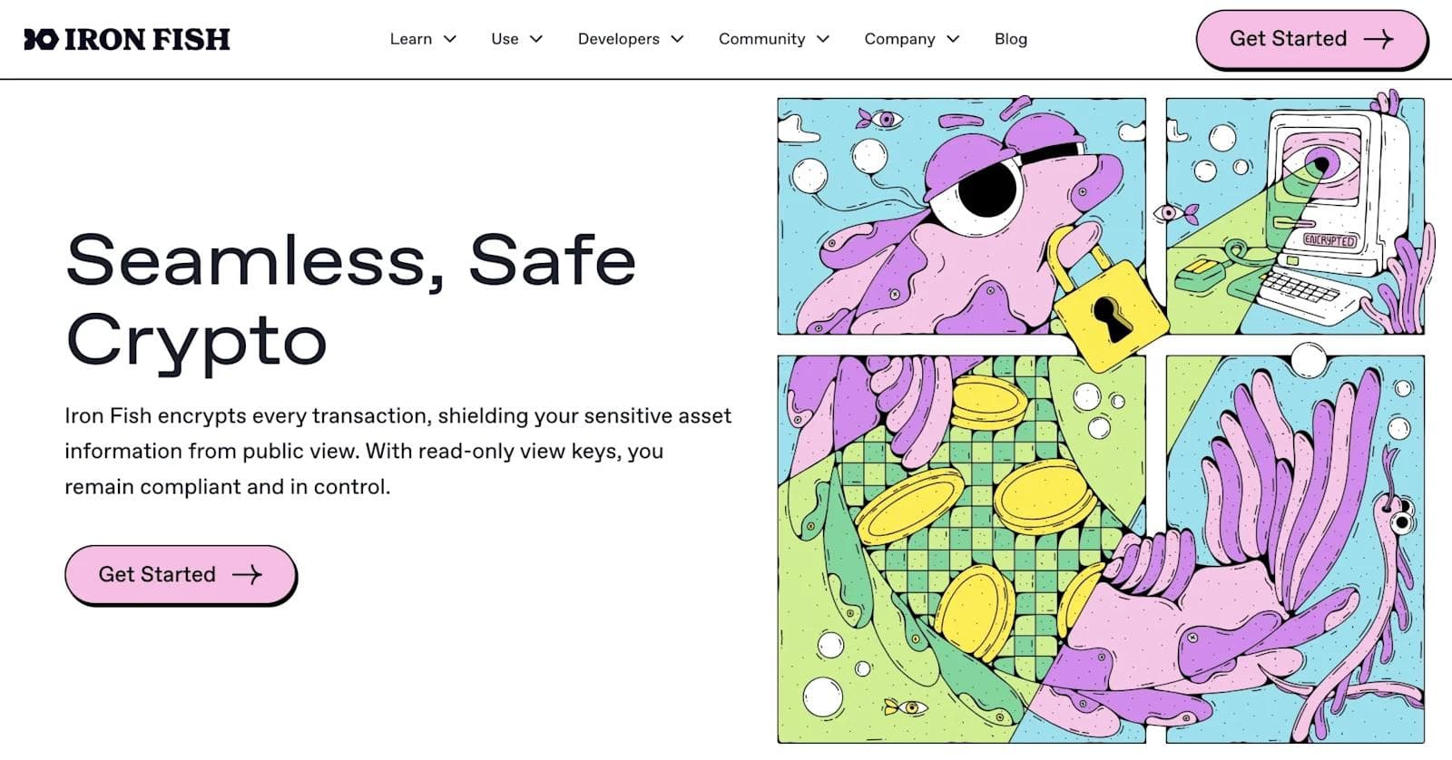 iron-fish-homepage Colorful illustration of a fish with coins and a computer, promoting Iron Fish's seamless, secure crypto platform.
