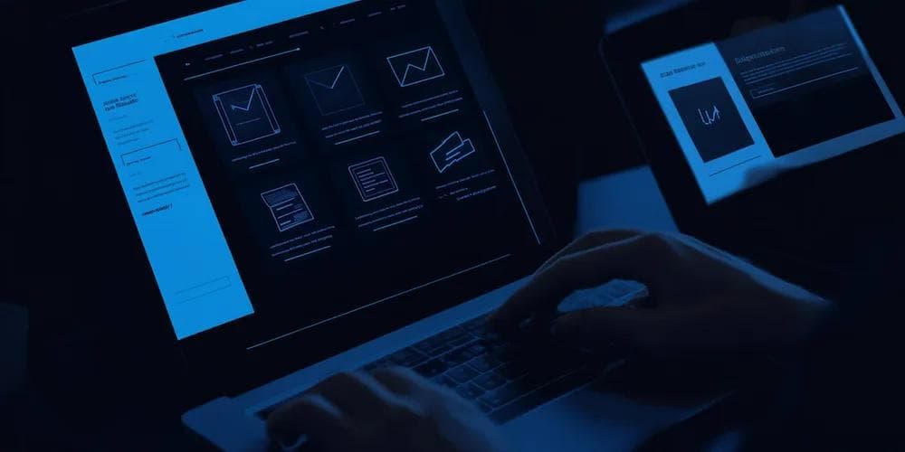 A person typing on a laptop displaying a dark-themed digital interface with graphs and icons.