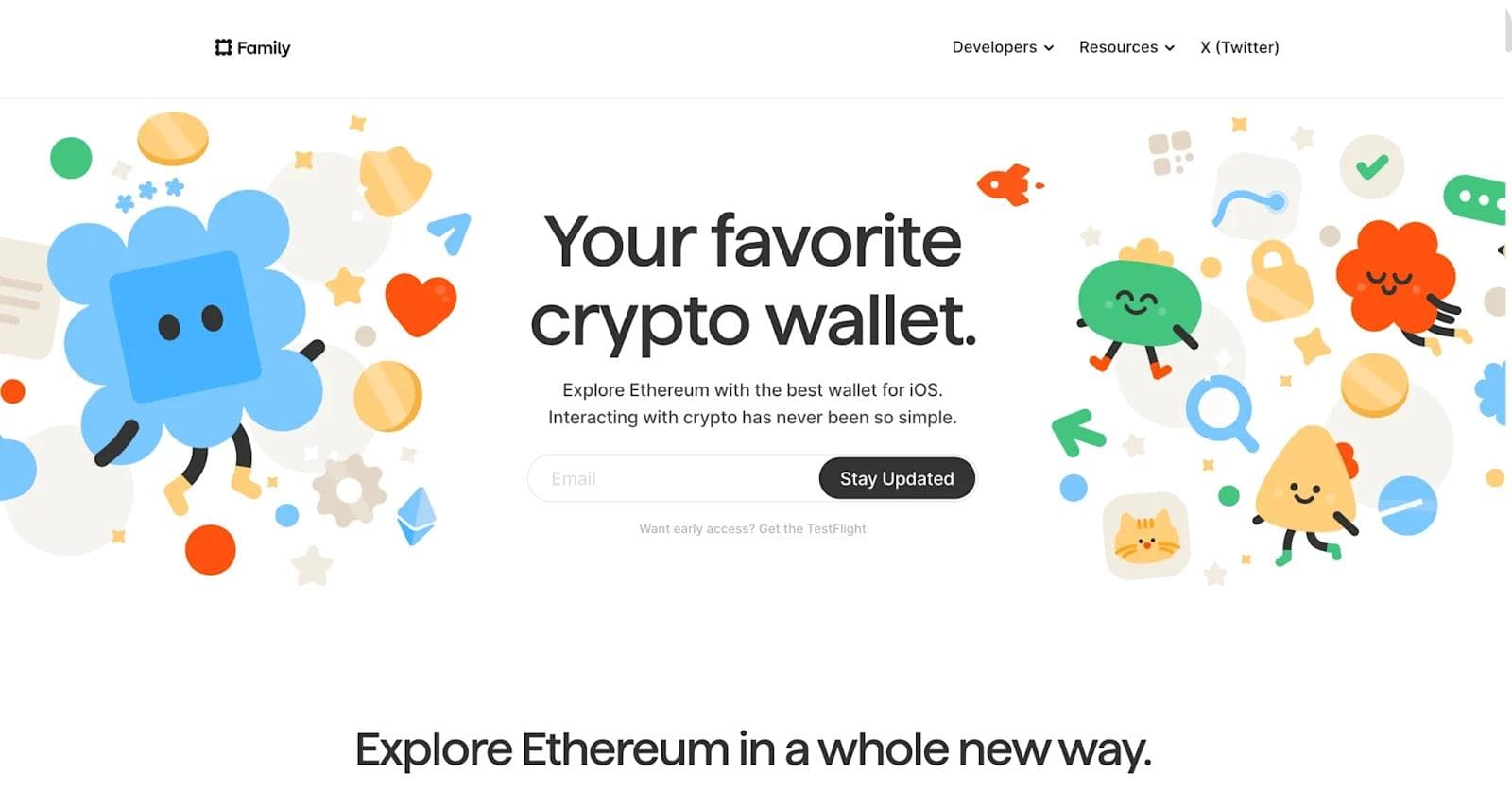 family-homepage Colorful illustration promoting a crypto wallet with playful characters and phrases about exploring Ethereum easily.