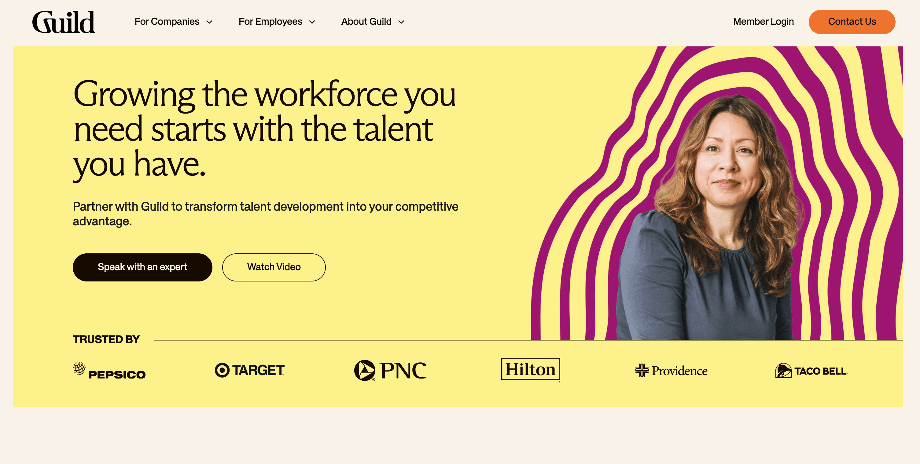 Image features a woman with wavy hair beside the text promoting workforce growth and talent development with Guild.