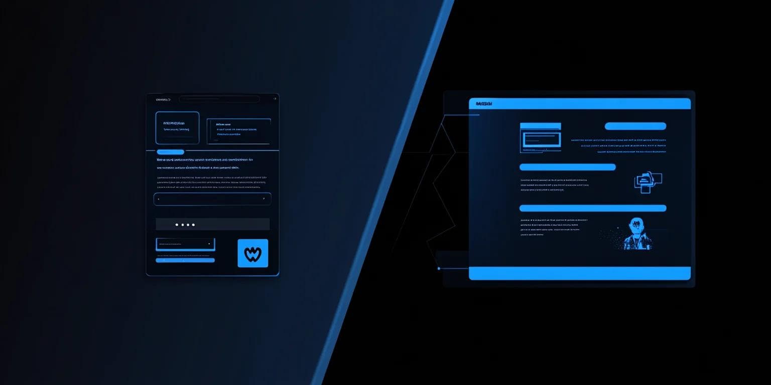 Two modern website interface designs on a dark background, featuring blue accents and user input fields.