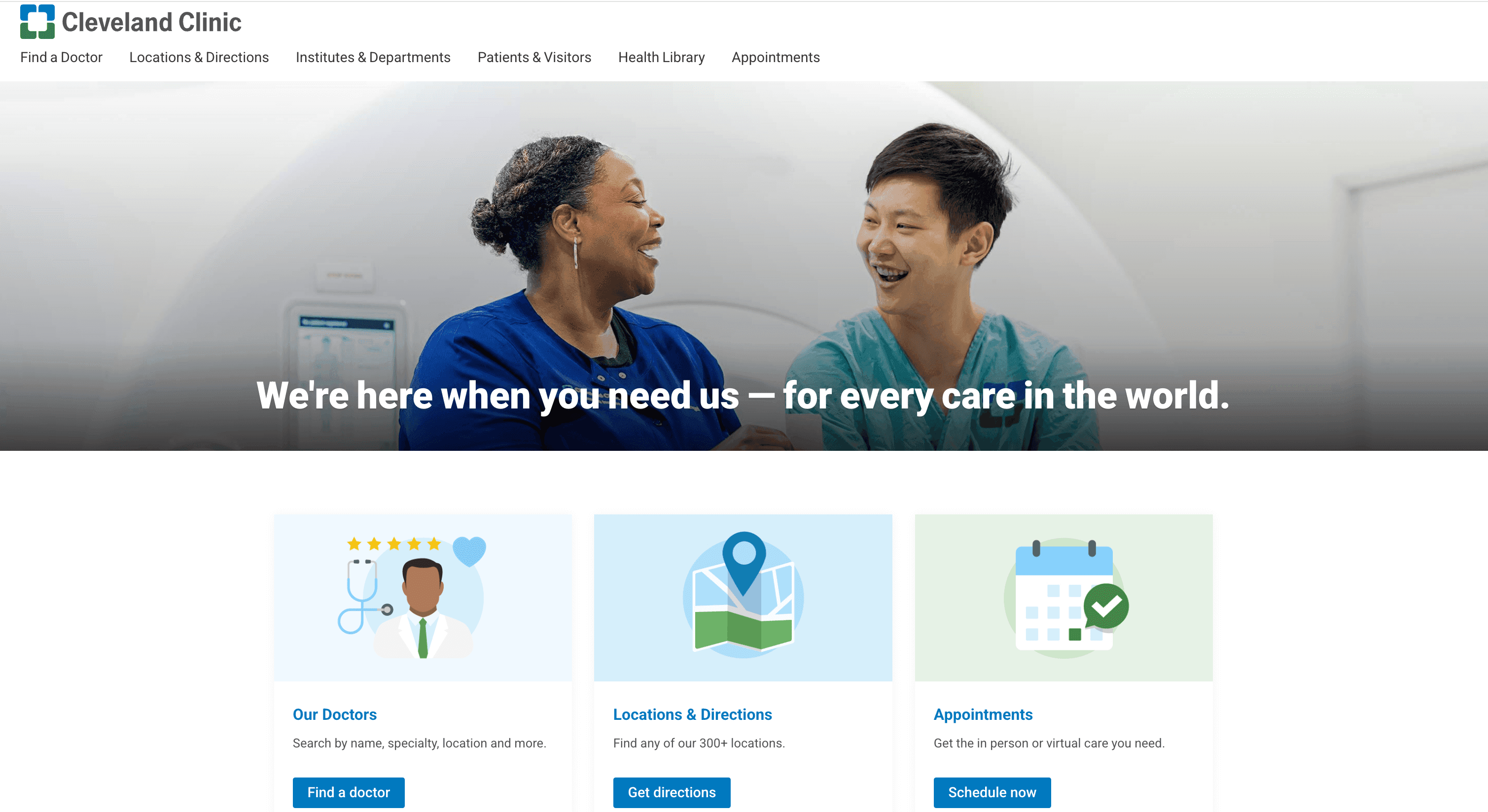 Cleveland Clinic homepage featuring diverse healthcare professionals and options to find doctors, locations, and appointments.