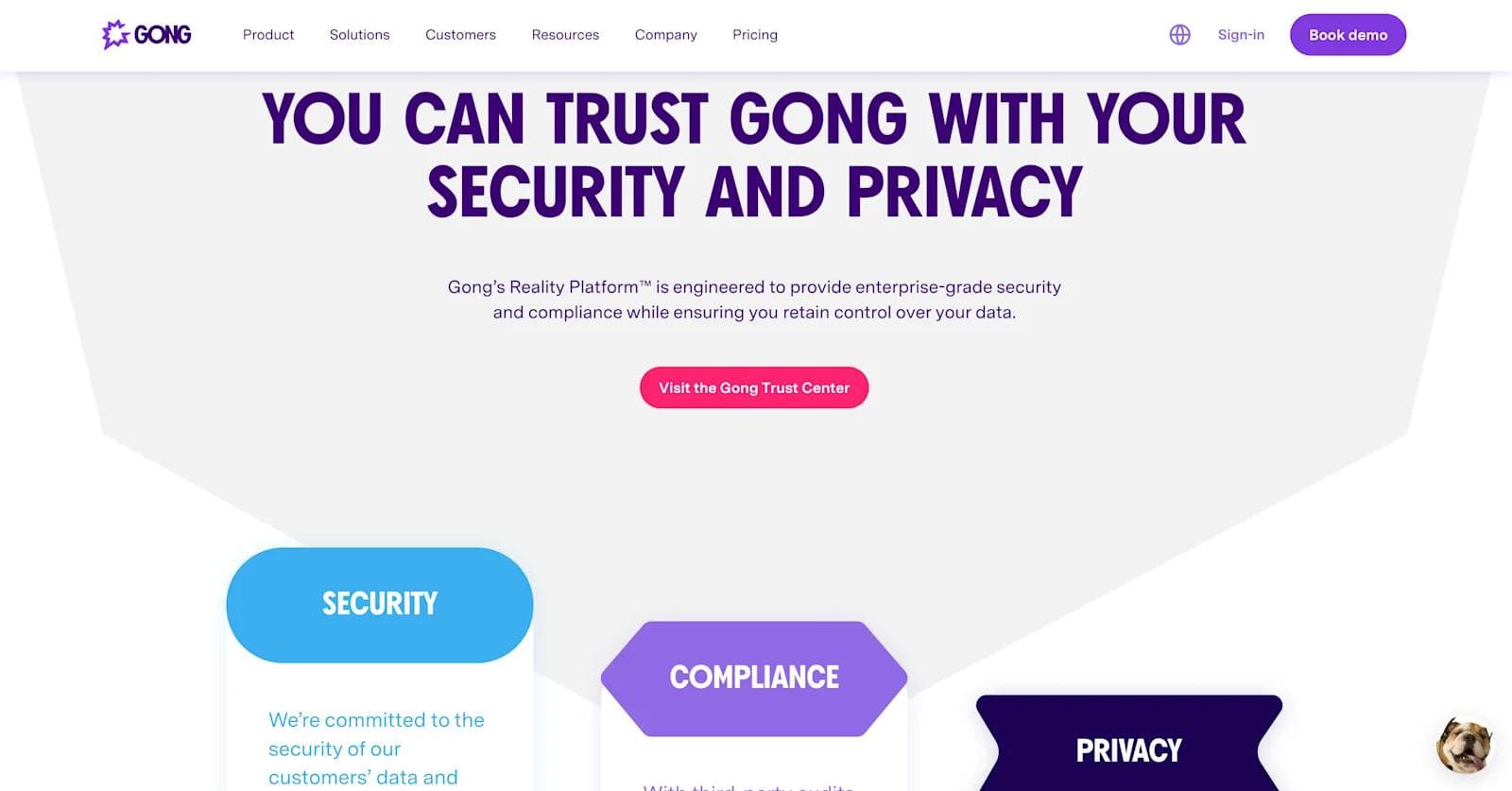 gong trust cetner Gong's security and privacy assurance graphic featuring key messaging about data protection and compliance.