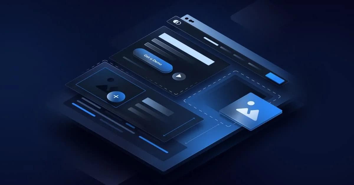 5 ways to nail a lasting first impression v3 Abstract digital interface with buttons and image placeholders on a dark blue background.