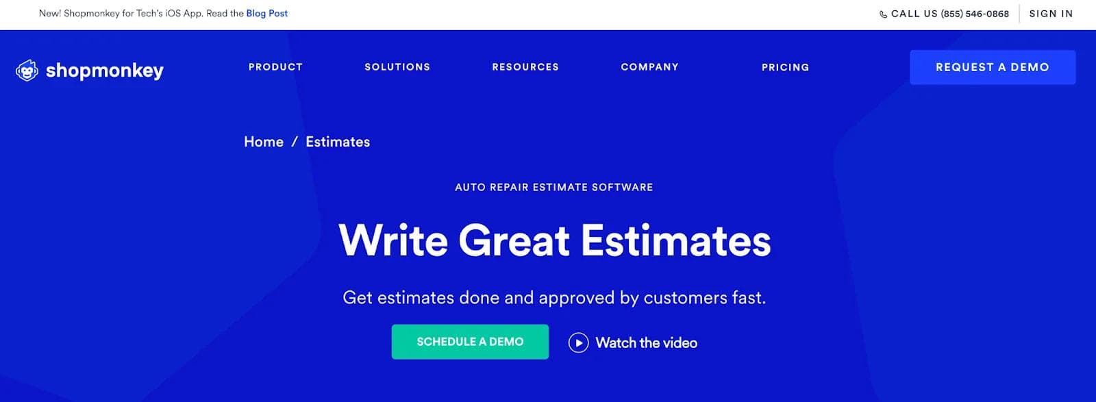 shopmonkey-hero-module Shopmonkey webpage showcasing auto repair estimate software with options to schedule a demo or watch a video.