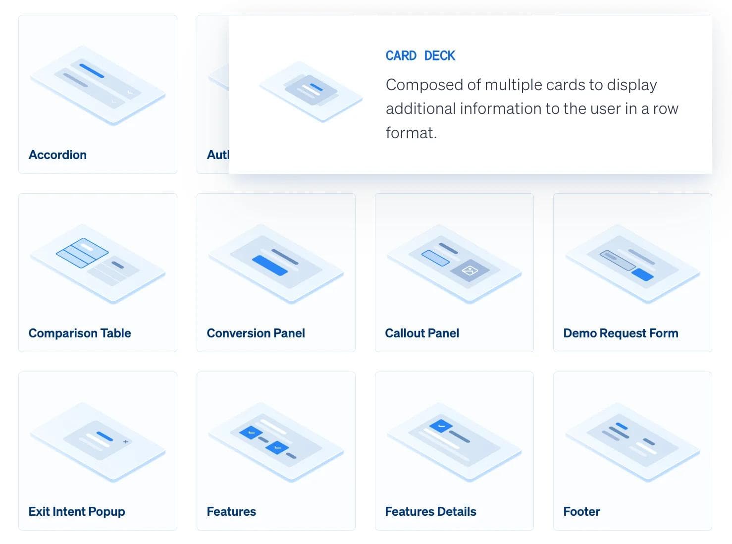 Modular web components Grid of informational card designs labeled with different UI components and a brief description of card decks.