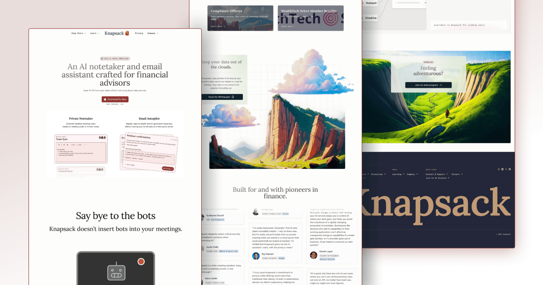 Website design for Knapsack, featuring an AI notetaker for financial advisors and visually appealing graphics.