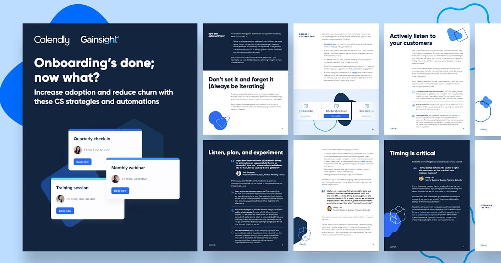 Calendly-ebook-design Several pages from Calendly's ebook on onboarding.