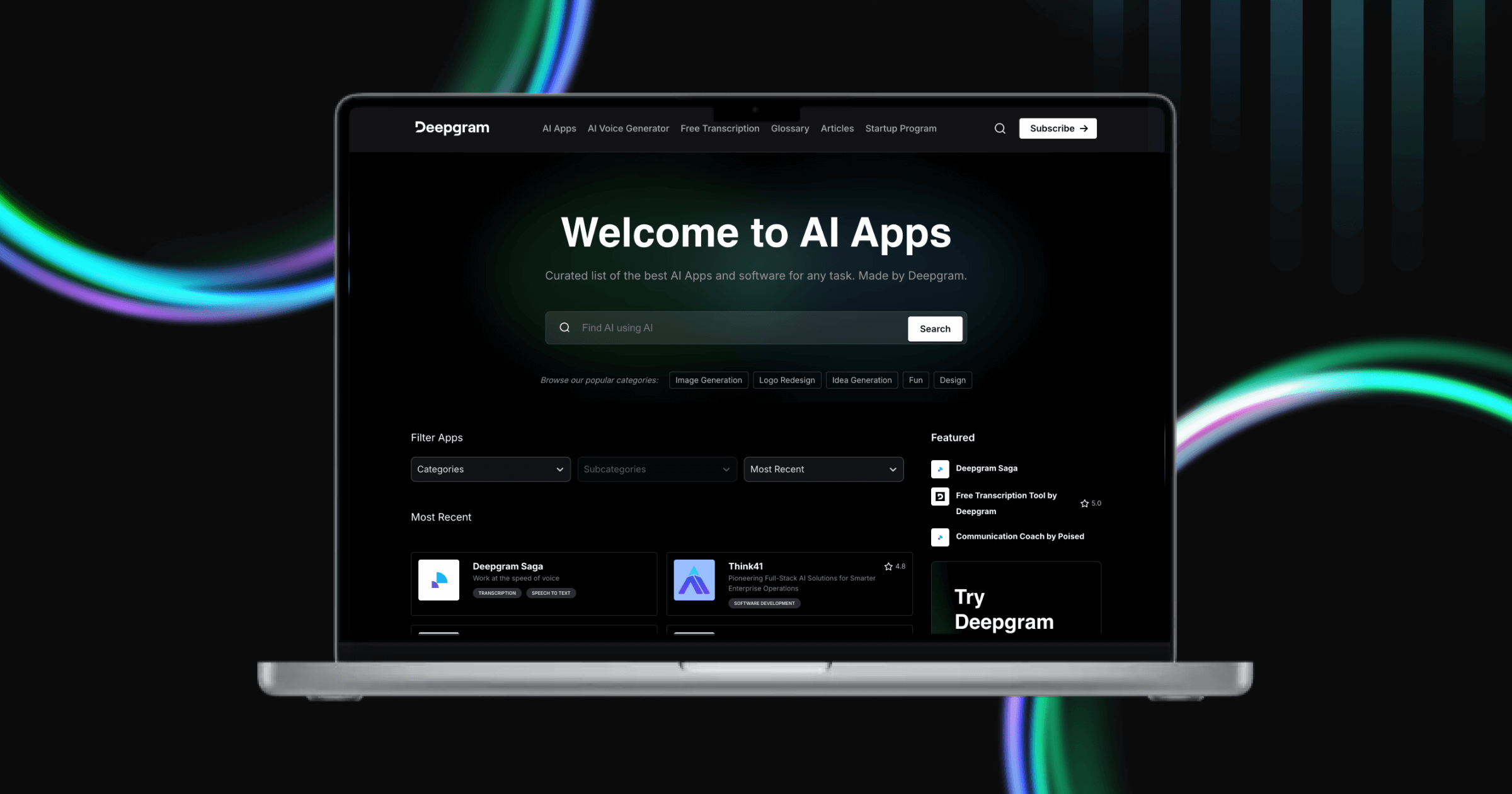 A laptop displays a dark-themed webpage titled "Welcome to AI Apps" with various AI tools and categories.