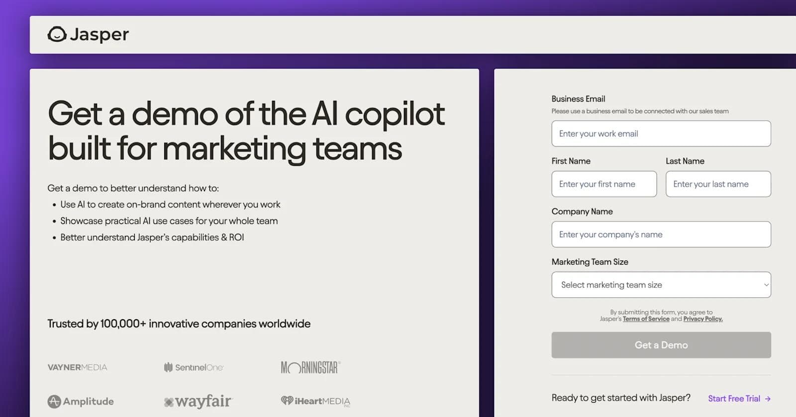 Jasper - Demo page Form for scheduling a demo of Jasper's AI tool for marketing teams, highlighting AI content creation and practical use cases.