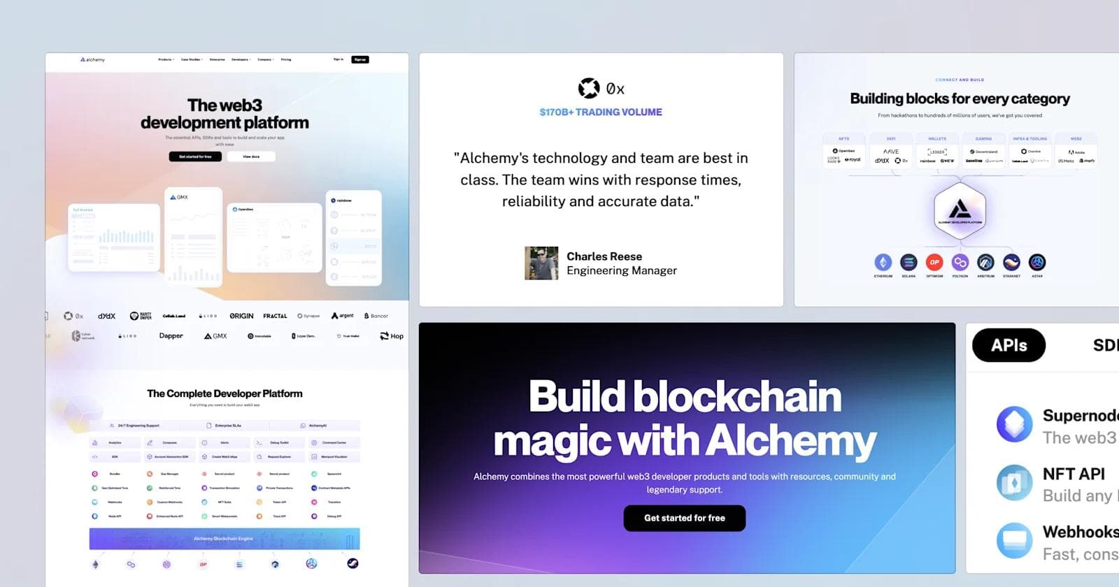 Alchemy featured image Web3 development platform showcasing features, testimonials, and various blockchain tools for developers.