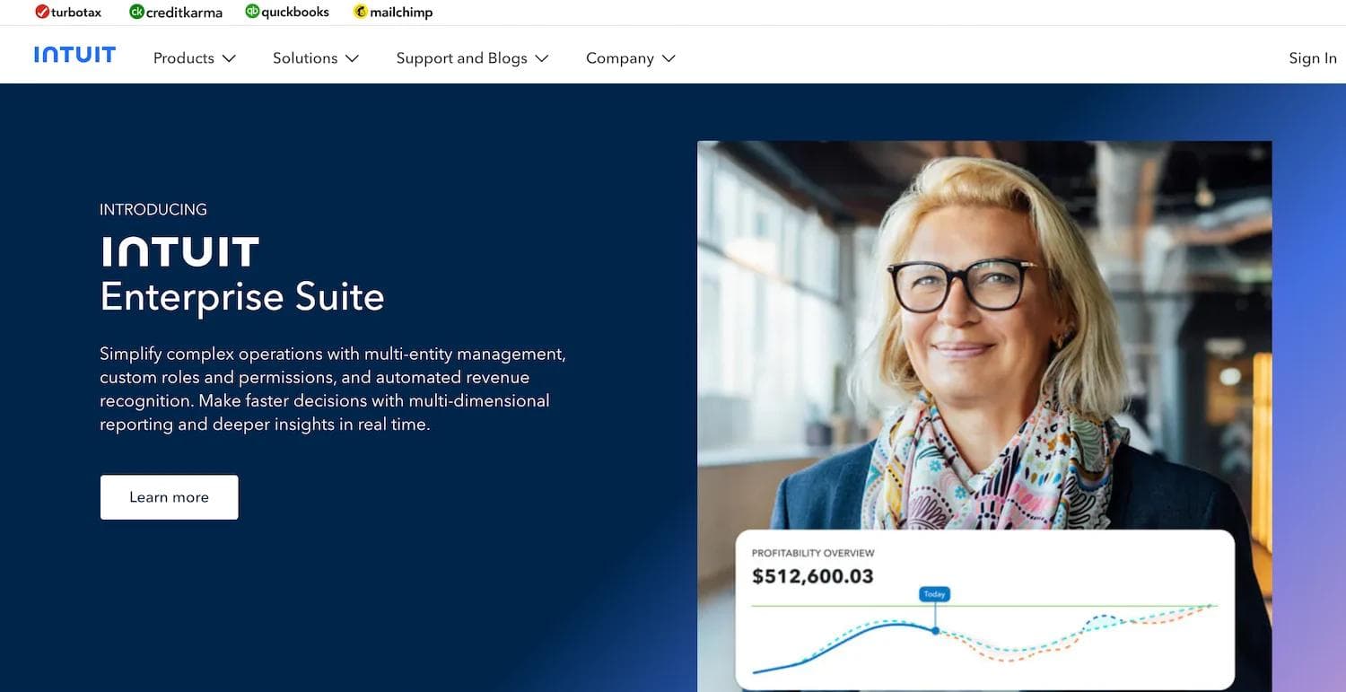 intuit website Intuit Enterprise Suite advertisement featuring a woman in business attire and a profitability overview graph.