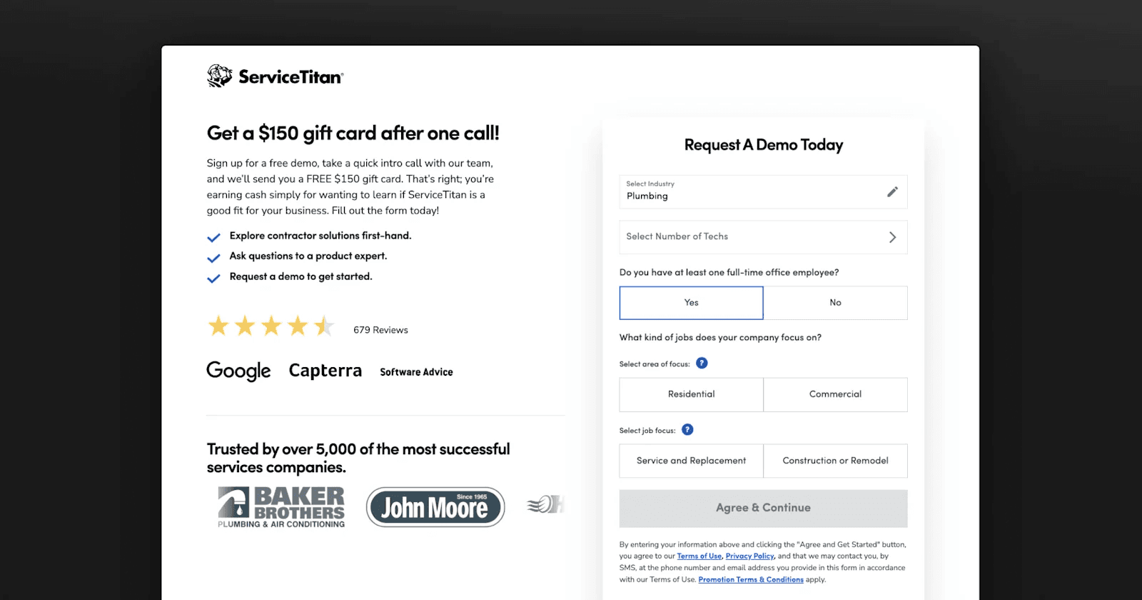 ServiceTitan - Demo page ServiceTitan demo request form with a $150 gift card offer, rating stars, and company logos.