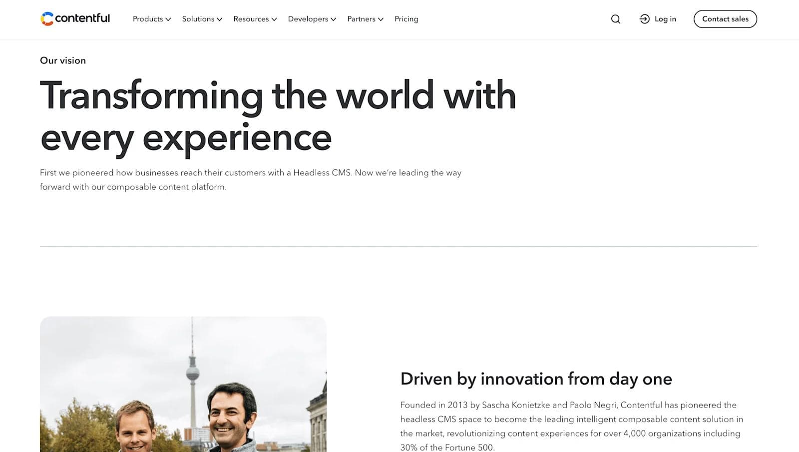 contentful about Contentful's vision statement about transforming experiences with a headless CMS, featuring founders' photo and innovation details.