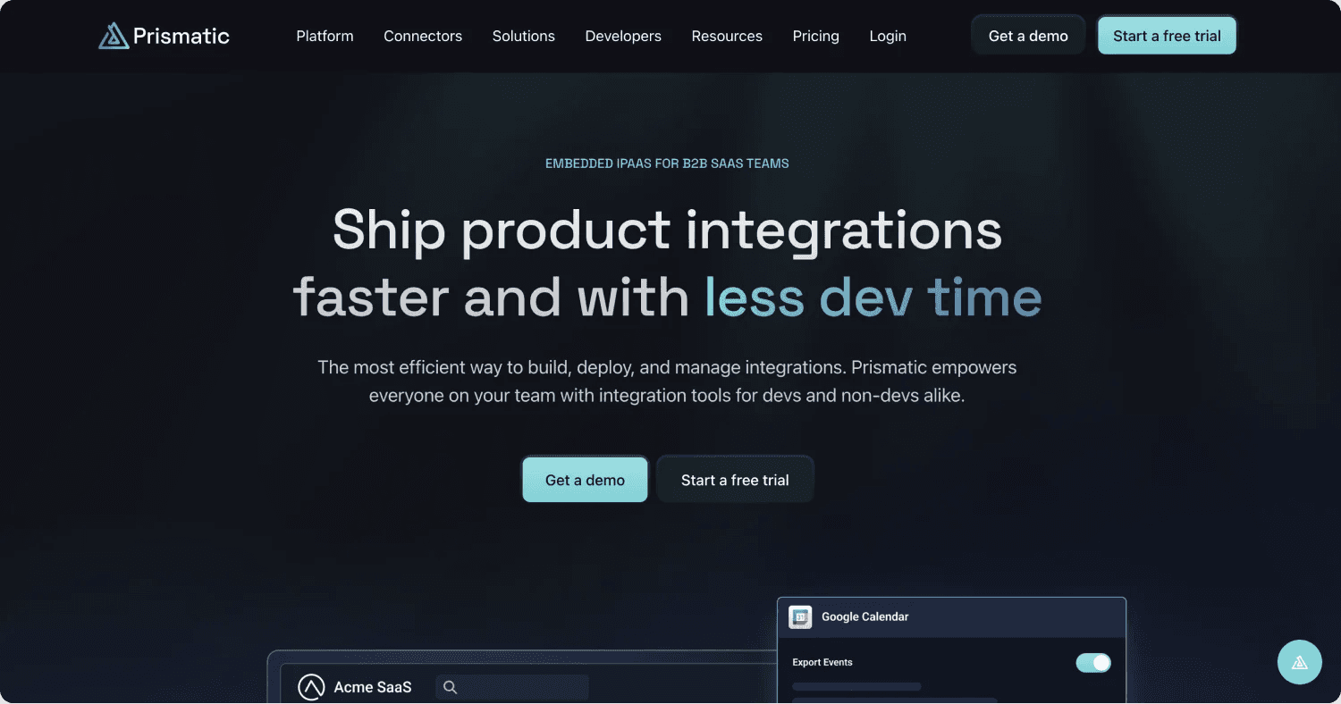 prismatic homepage Website banner for Prismatic, promoting faster product integrations with tools for both devs and non-devs.