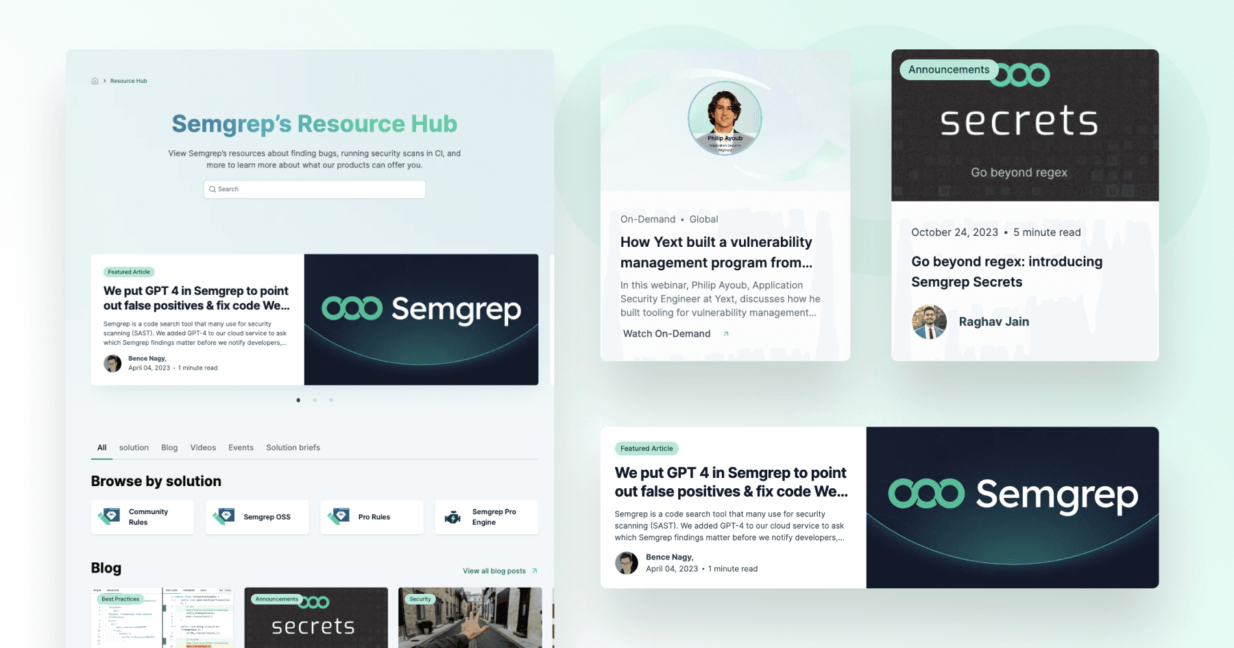 Semgrep's Resource Hub showcasing articles, webinars, and announcements related to security scanning and vulnerability management.