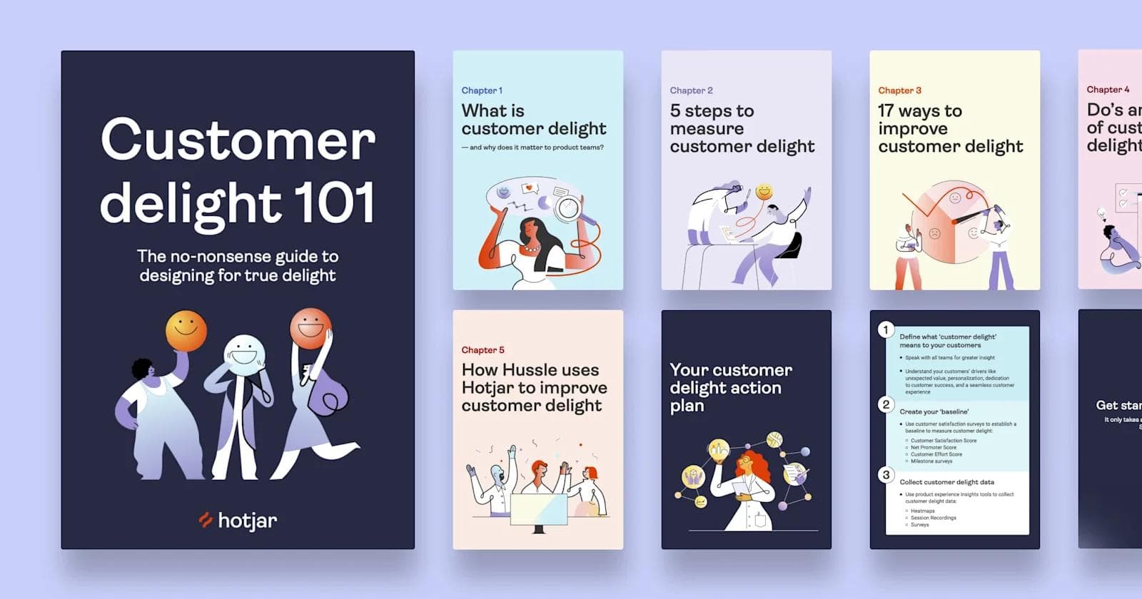 Hotjar-ebook-design Hotjar's ebook titled "Customer's Delight 101" and the chapter covers.