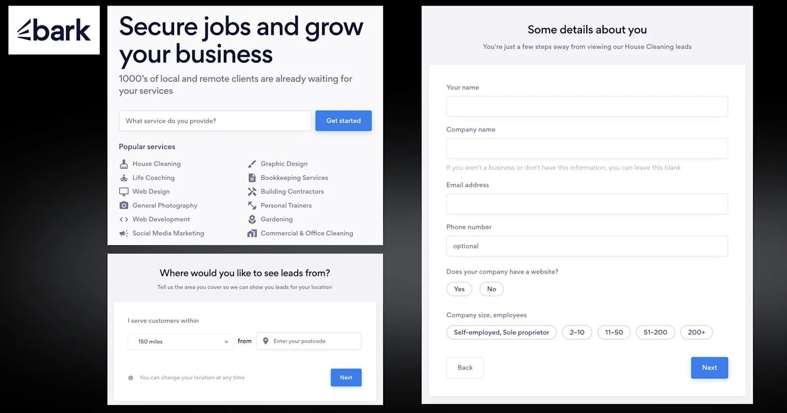 bark form Screenshot of a form for a service platform with fields for business info and lead preferences.