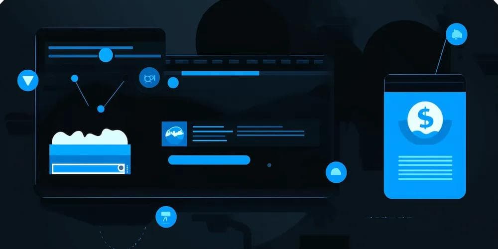 A digital interface featuring graphs and financial icons on dark backgrounds, with tablets and smartphones displaying data.