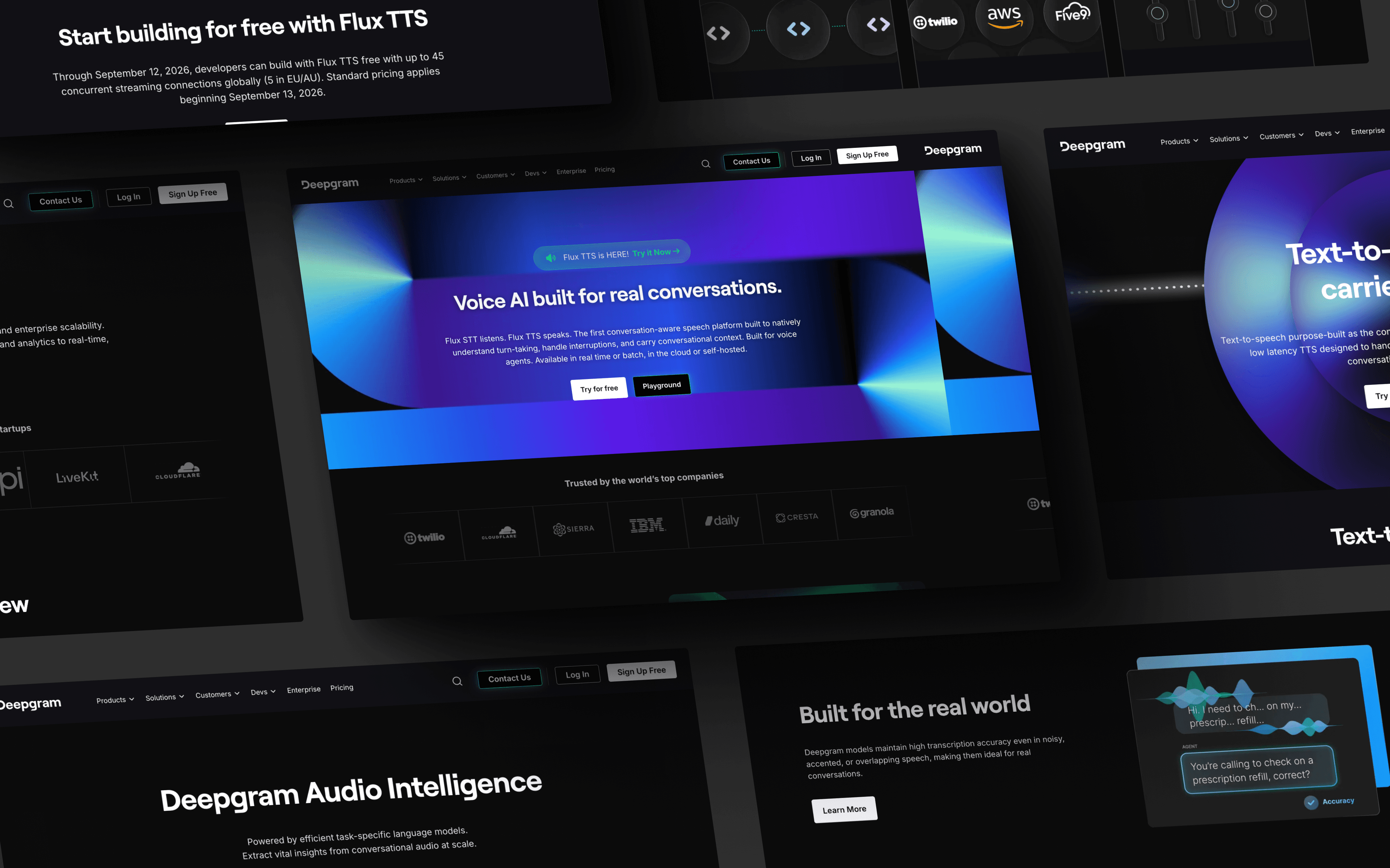 Webpage showcasing Deepgram's voice AI solutions, highlighting text-to-speech and audio intelligence features.