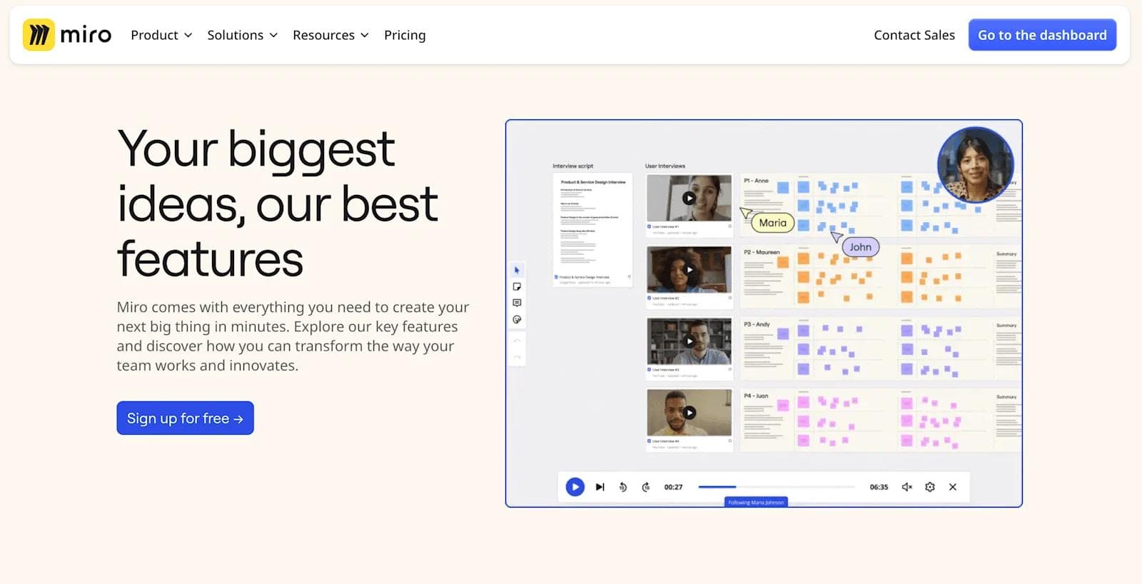 miro features Miro interface showcasing user interviews, notes, and features for team collaboration and ideation.