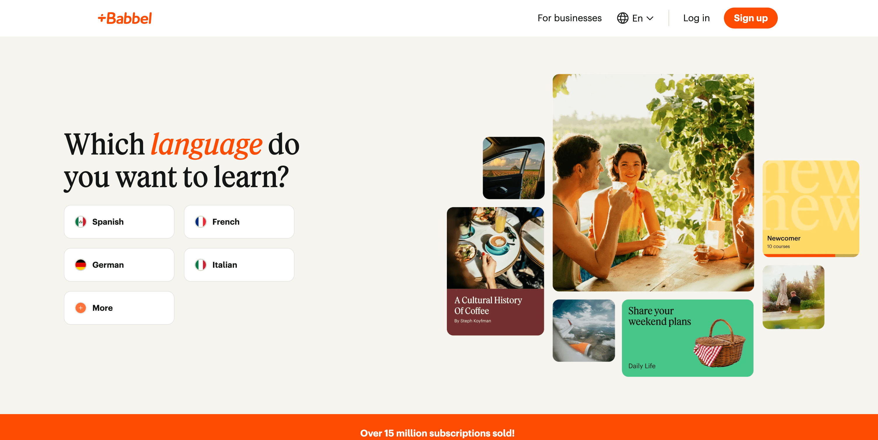 Babbel language learning platform with options for Spanish, French, German, and Italian; includes visuals and user prompts.
