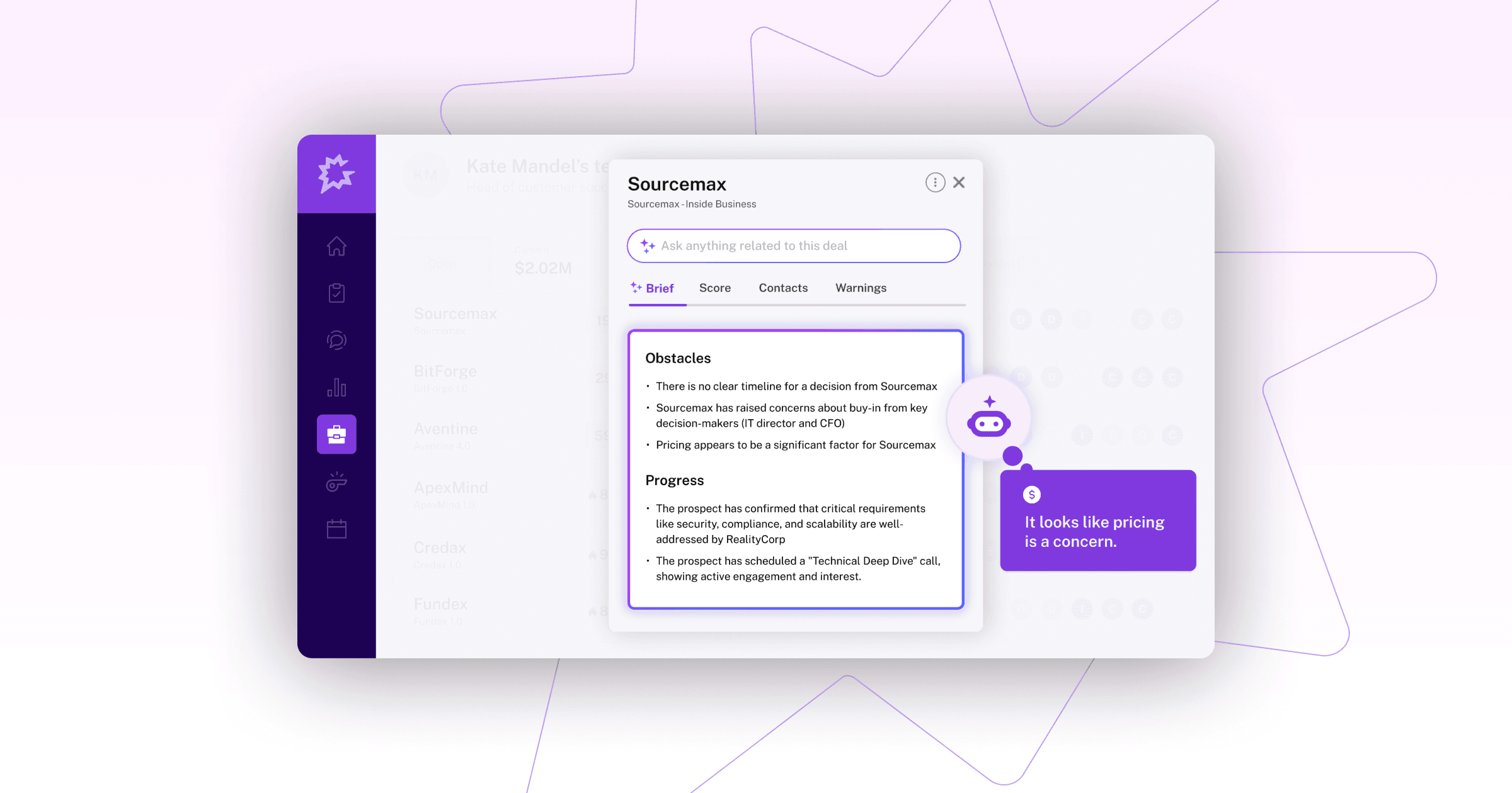 Dashboard interface showing deal details, obstacles, and progress for the company Sourcemax, emphasizing pricing concerns.