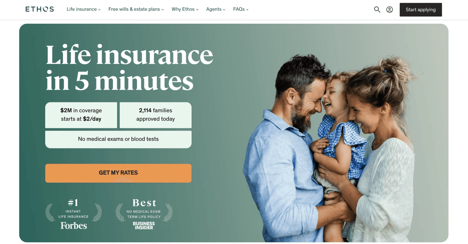 ethos homepage Family smiling together with promotional text for quick life insurance approval on a website.