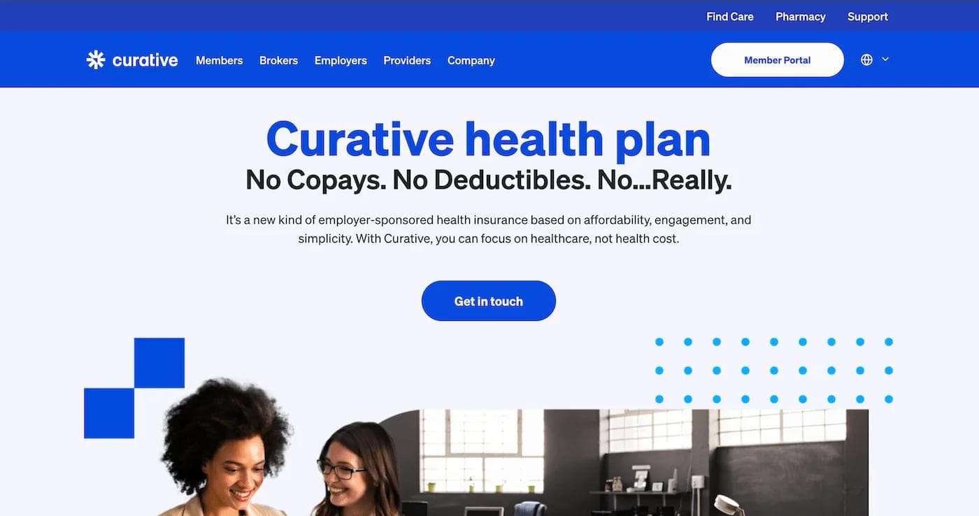 curative hp Curative health plan promotional website highlighting no copays or deductibles, focusing on affordable health insurance.