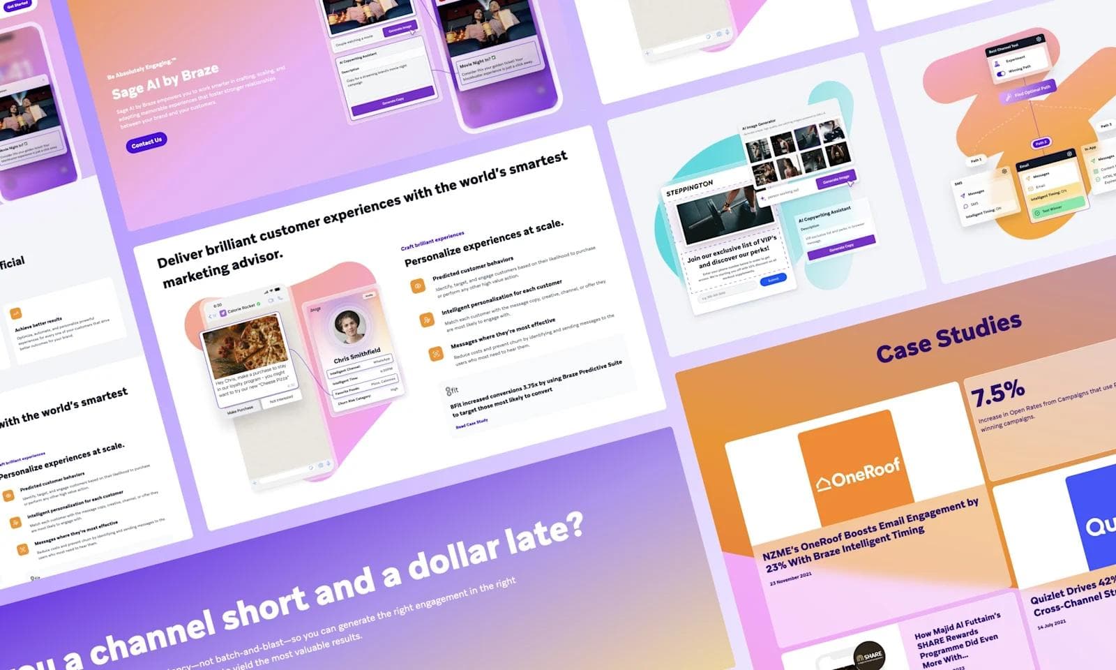 Braze product page A colorful layout showcasing marketing strategies, client testimonials, and case studies for Braze's Sage AI platform.