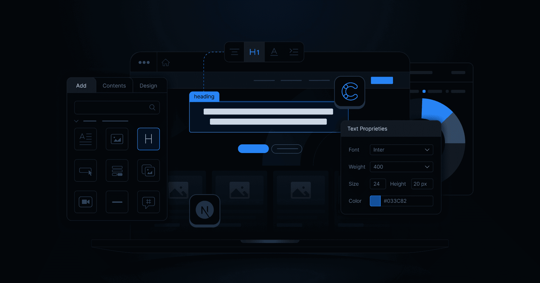 A dark-themed UI design interface showcasing text editing options with a focus on font properties and headings.