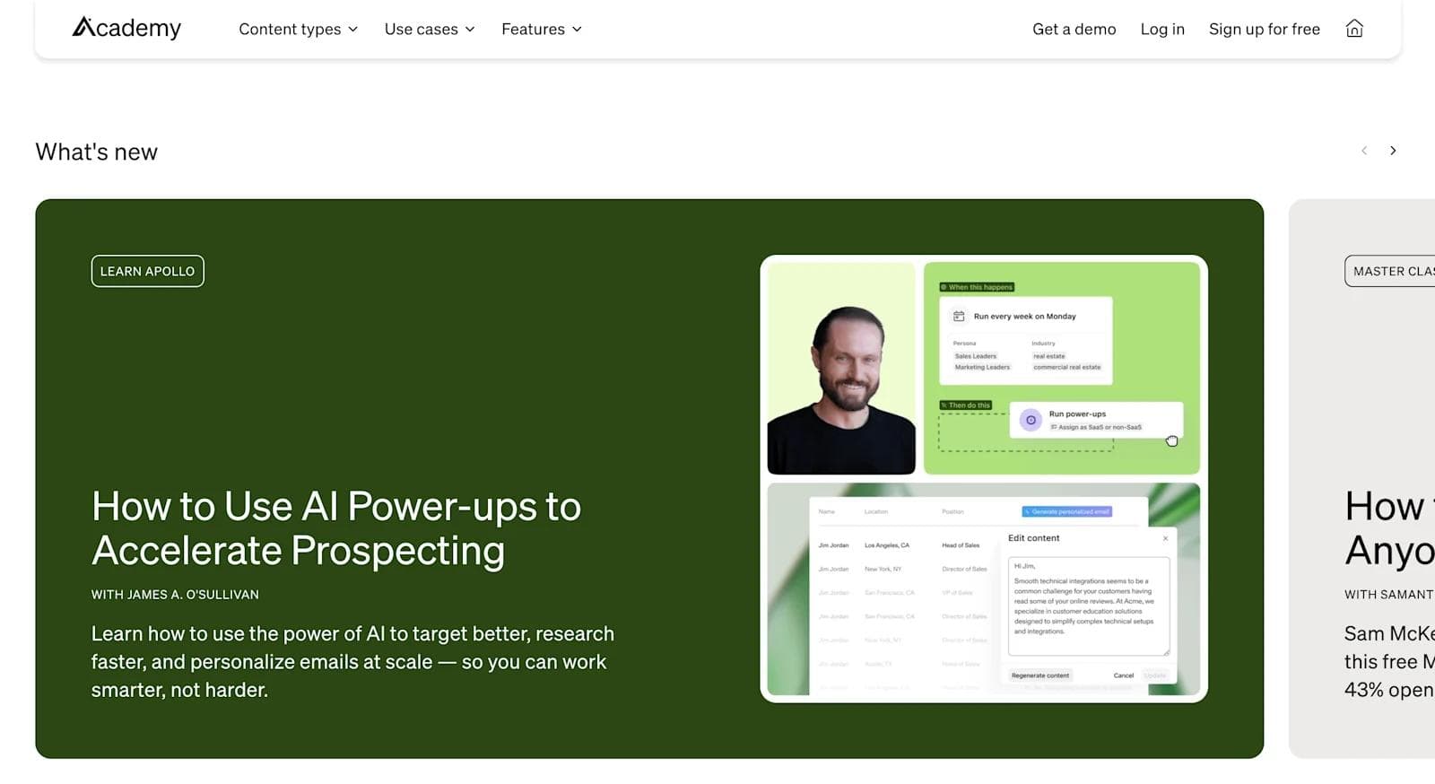 apollo resources Green background with text promoting an AI course by James O'Sullivan on accelerating prospecting through email personalization.