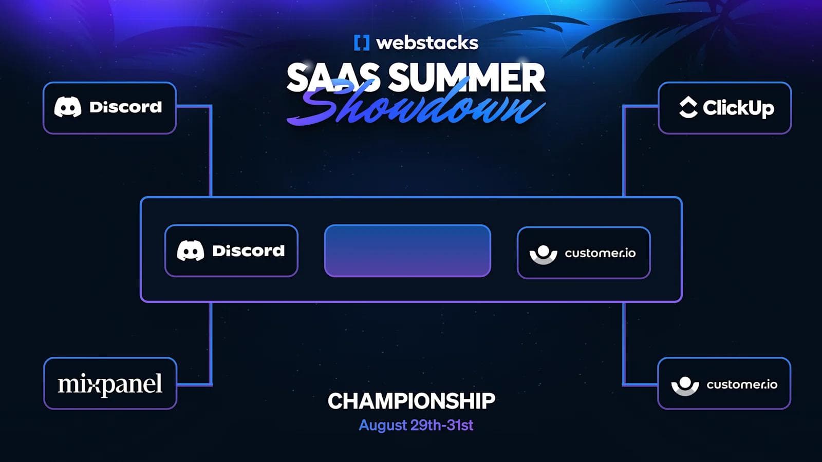 Webstacks SaaS Summer Showdown Final Two Branded graphic for "SaaS Summer Showdown" featuring Discord, ClickUp, and customer.io with championship dates.