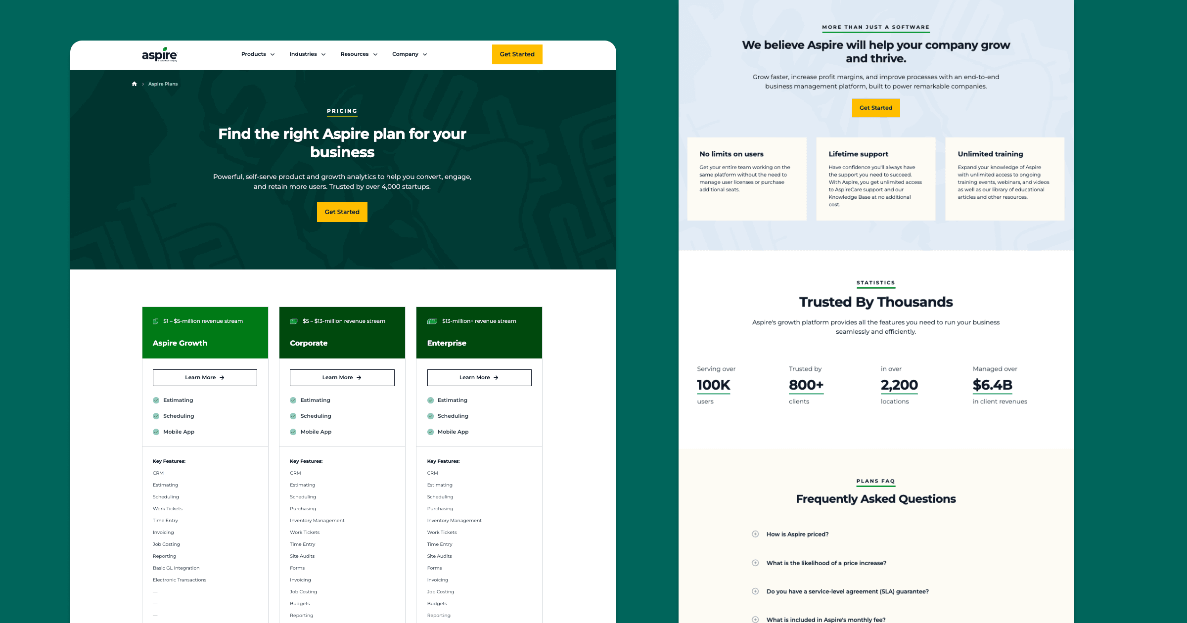 Aspire pricing page showcasing plans for various revenue streams and key features for businesses.