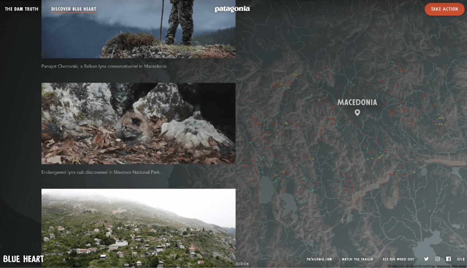 patagonia 5 Conservation images featuring a Balkan lynx protector, a lynx cub, and a Macedonian landscape map.