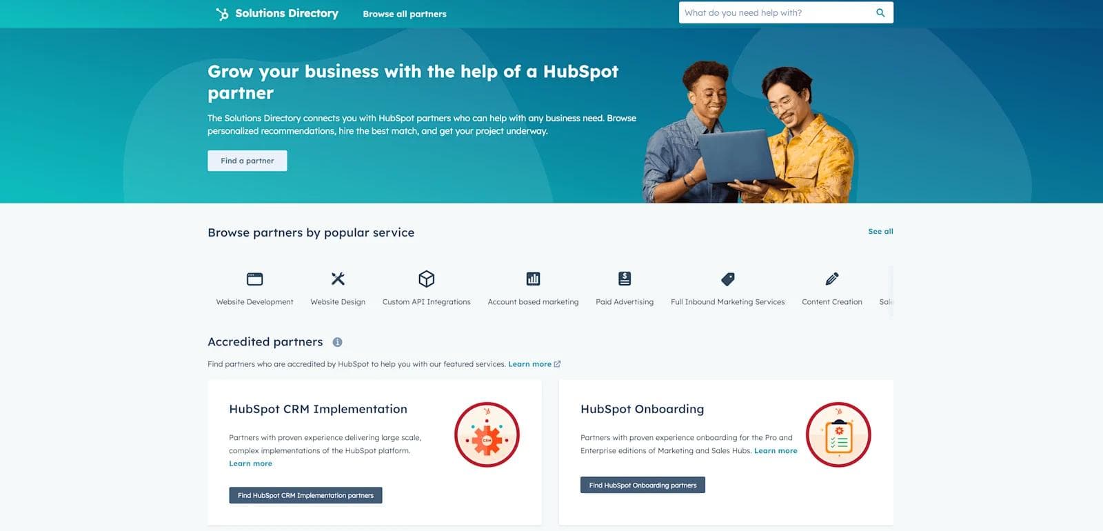 hubspot solutions partners Website showcasing HubSpot's Solutions Directory, featuring partner services and user-friendly navigation.