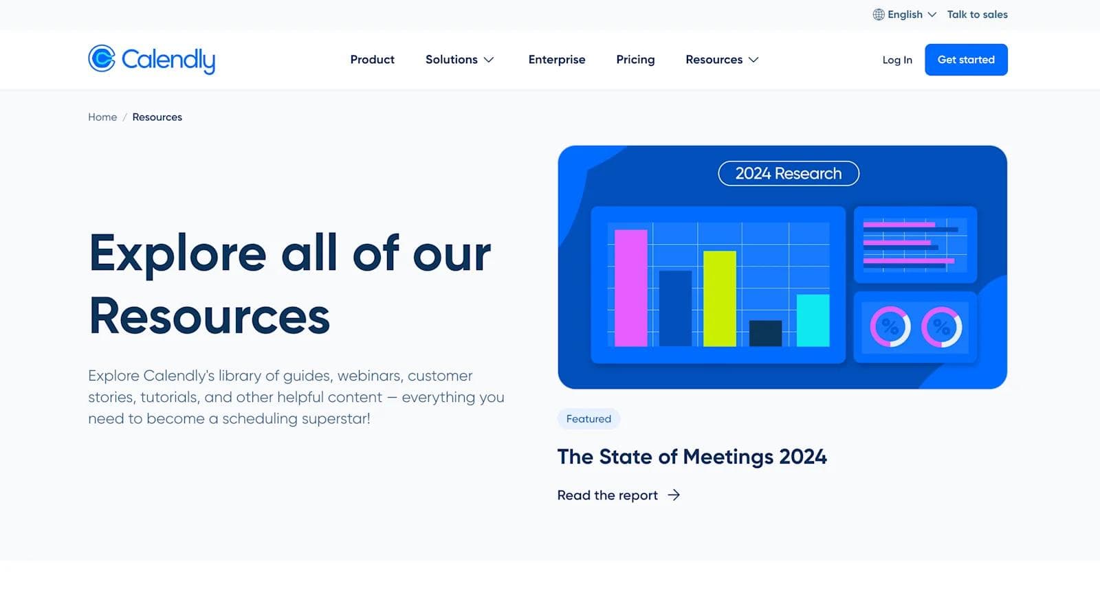 calendly resources A web page by Calendly showcasing resources, including guides and research reports with colorful charts.