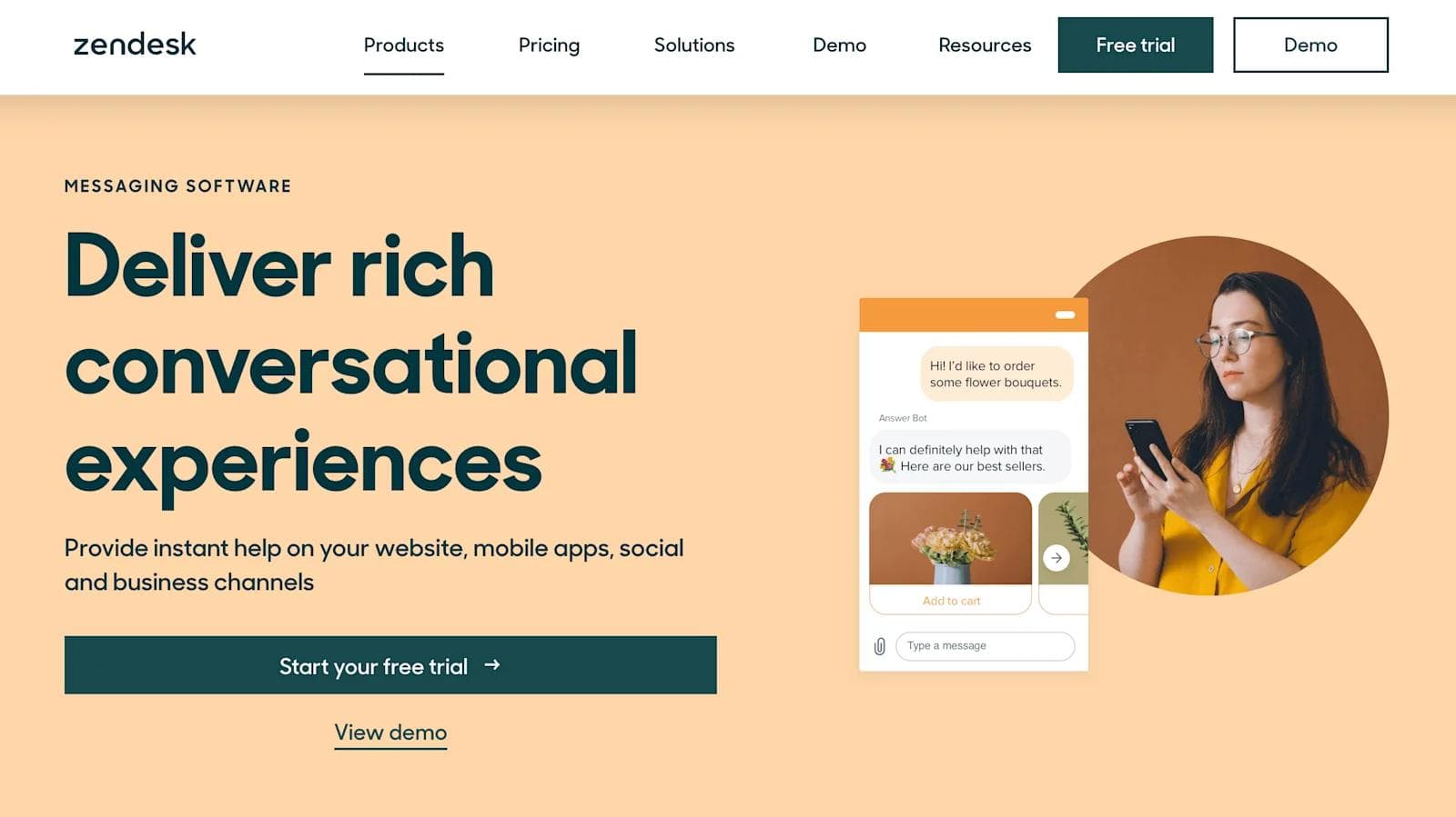 zendesk features Zendesk messaging software ad featuring a woman using a phone and a chatbot interface for customer inquiries.