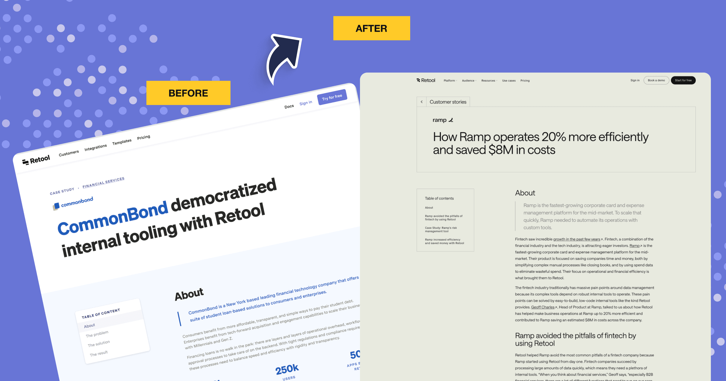 Before and after visuals of Retool case studies for CommonBond and Ramp, highlighting efficiency improvements.