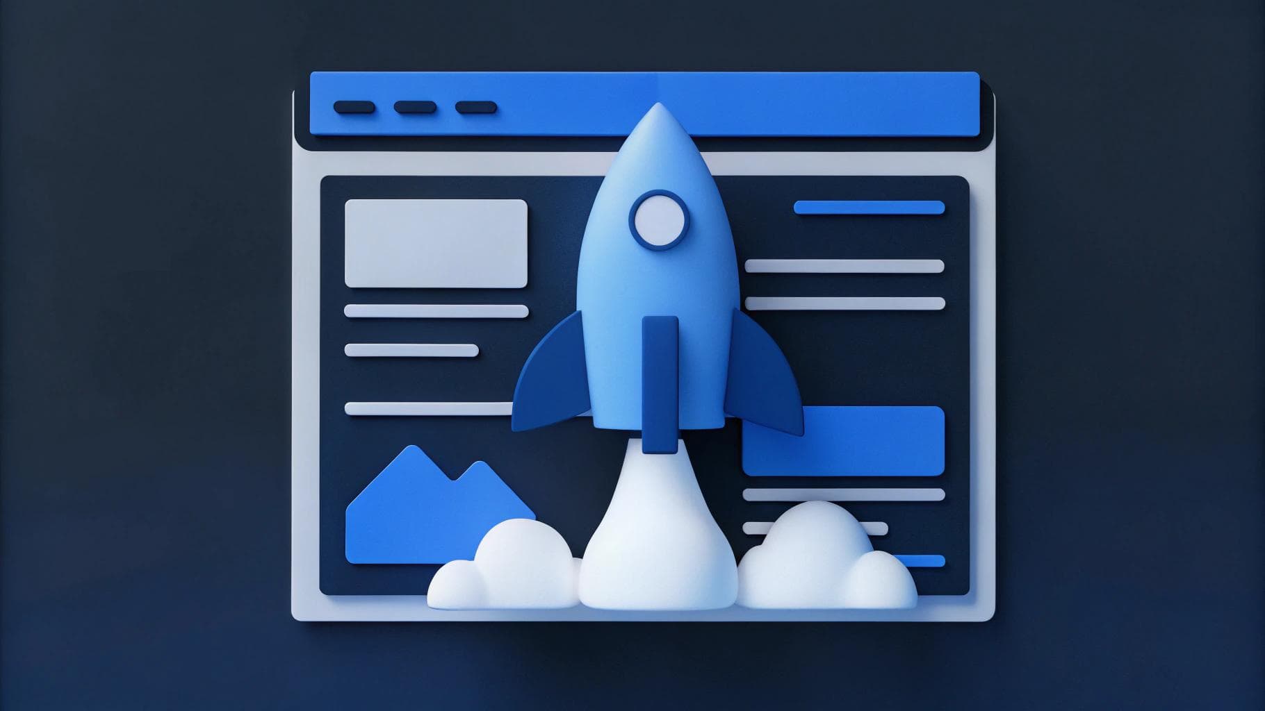 rendering of a website redesign with a rocketship on a web page